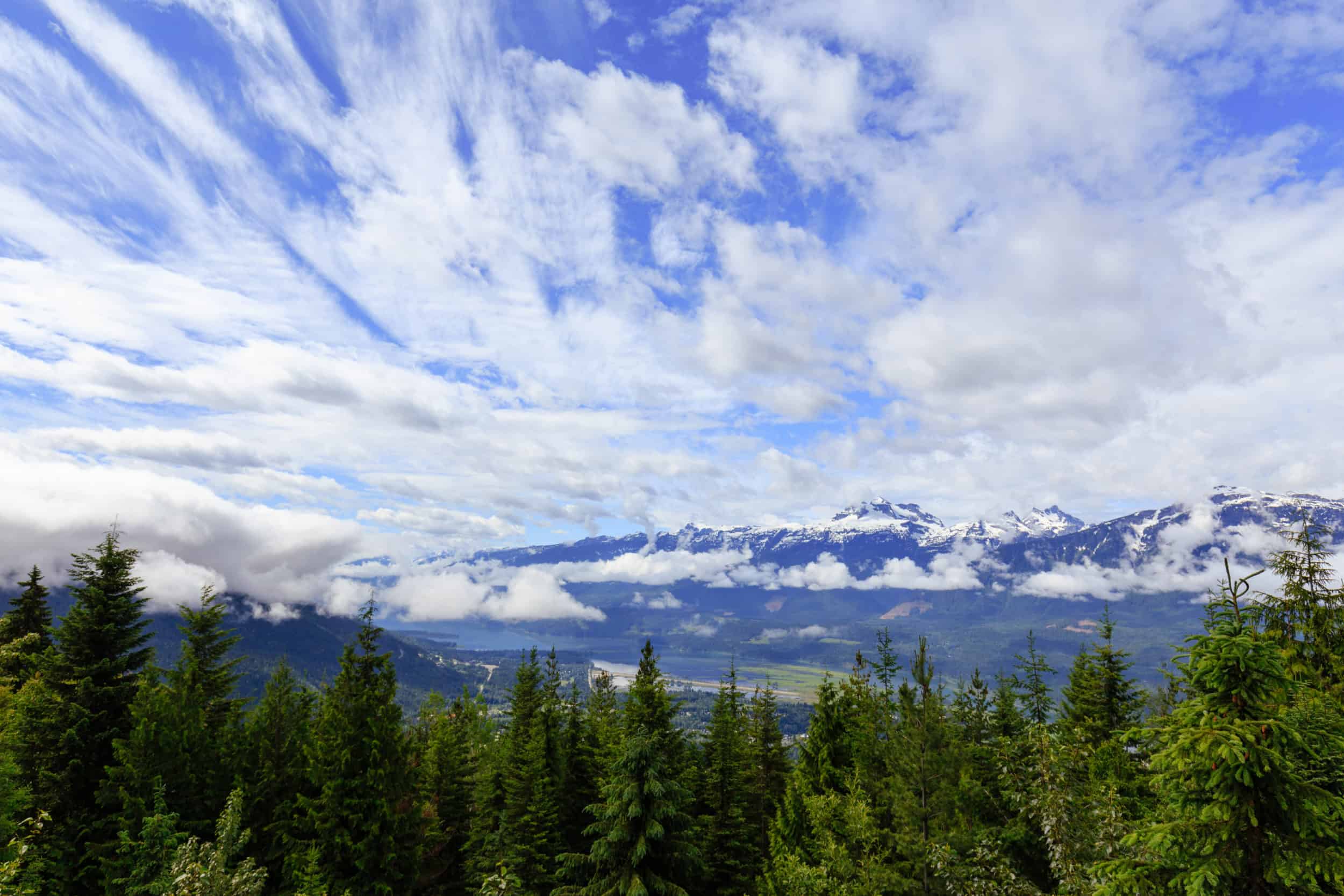 Blauer Himmel über grünen Wäldern eines Nationalparks in Kanada