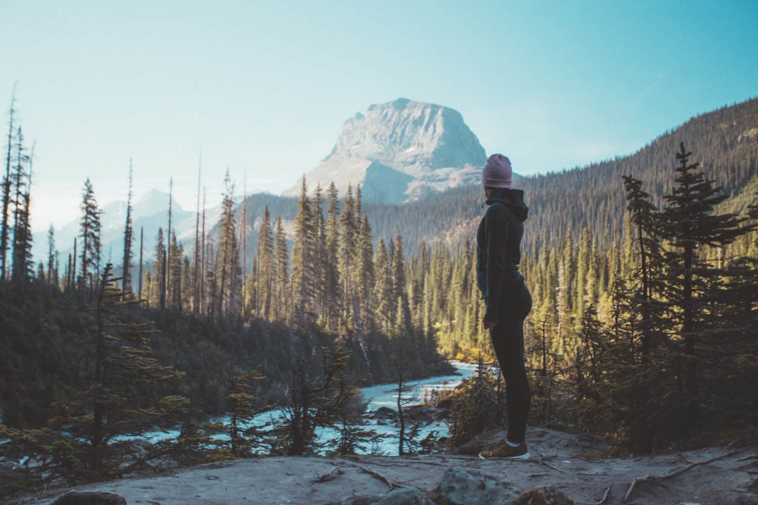 Person steht in der Landschaft des Yoho Natioanlparks. Hinter ihr ein Fluss, Fichtenwald und eine Bergpanorama. 