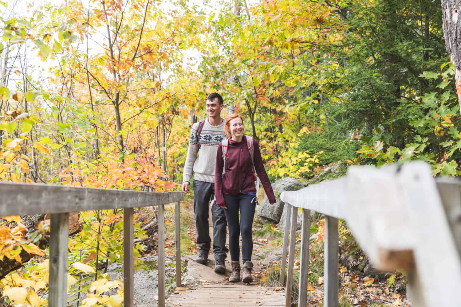 Two happy young people walking over a wooden bridge, with colourful trees all around during the fall season. Autumn and nature concepts.