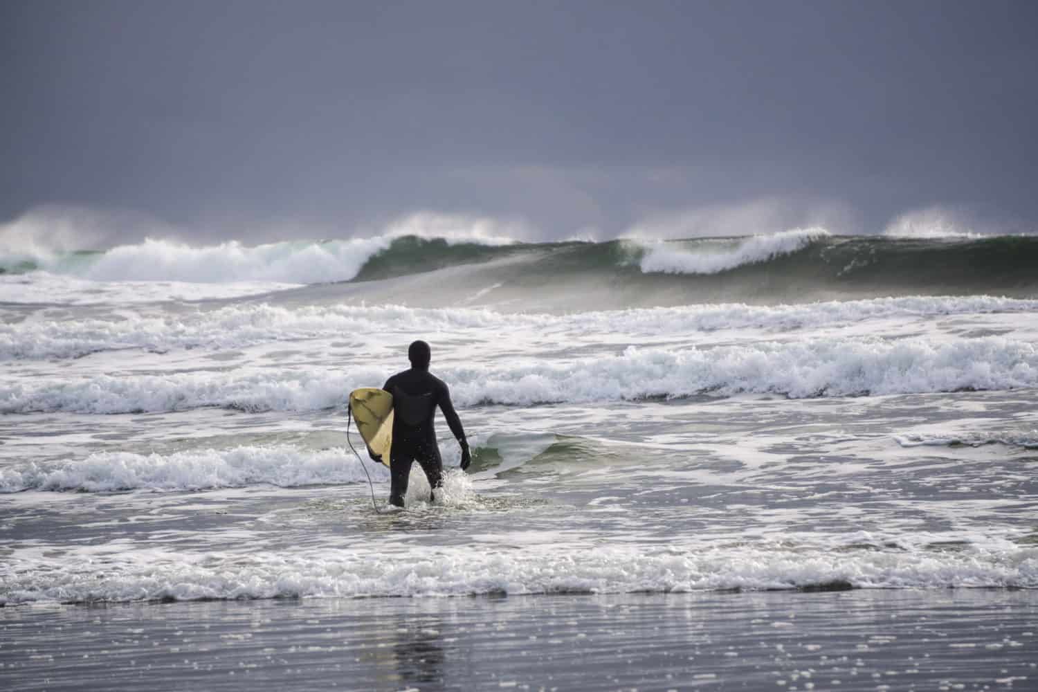 Long Beach, Vancouver Island, B.C., Kanada. Ein Surfer läuft in das Meer am Strand. Natur im Hintergrund.