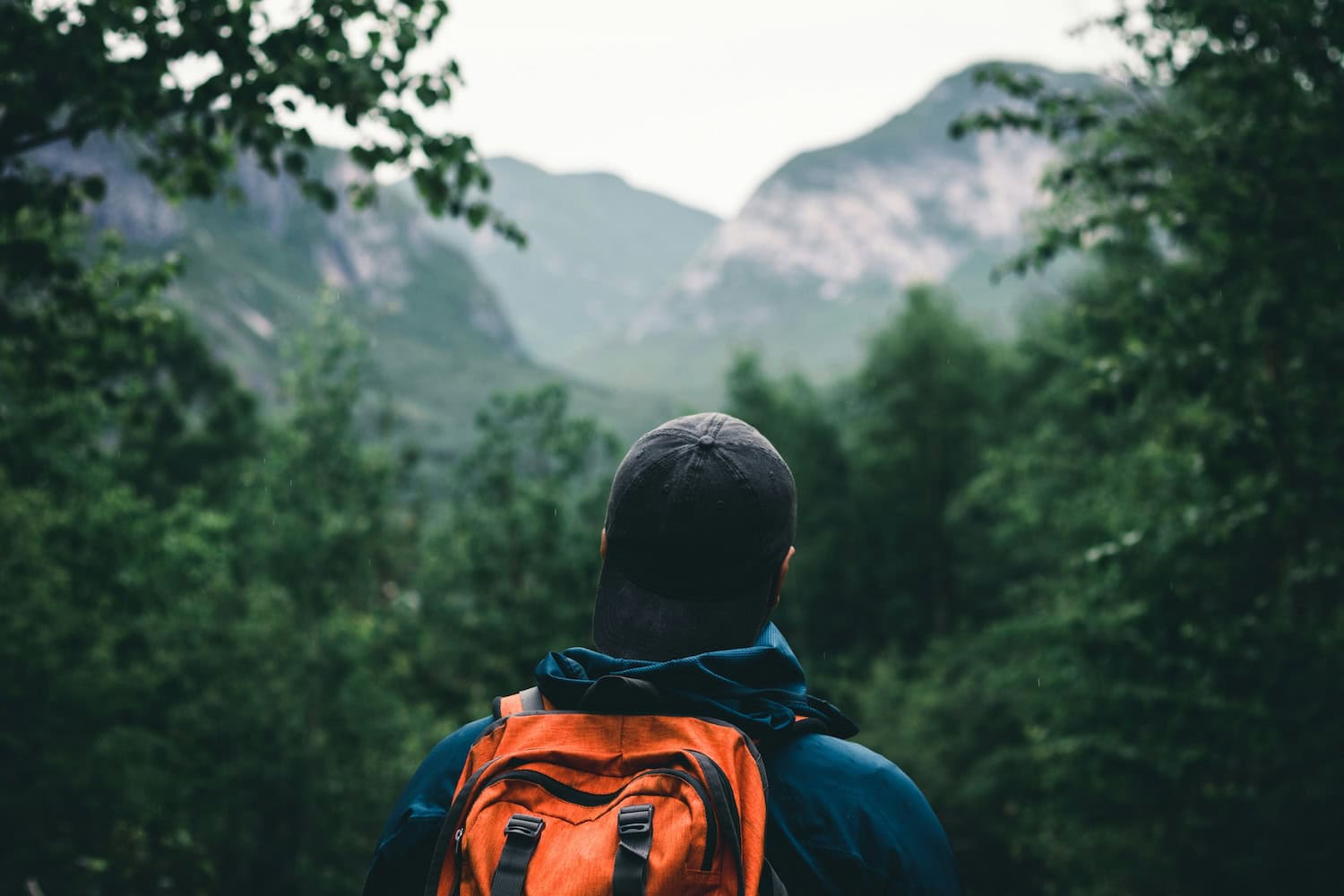 Wandern in Quebec. Person schaut auf Bergpanorama.