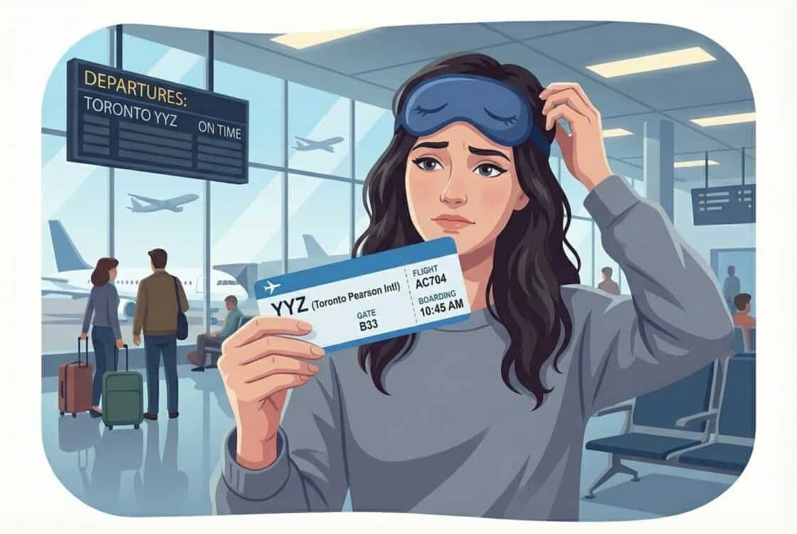 Illustration einer Frau am Flughafen die verwirrt auf ihr Flugticket schaut.