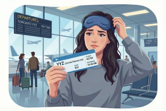 Illustration einer Frau am Flughafen die verwirrt auf ihr Flugticket schaut.