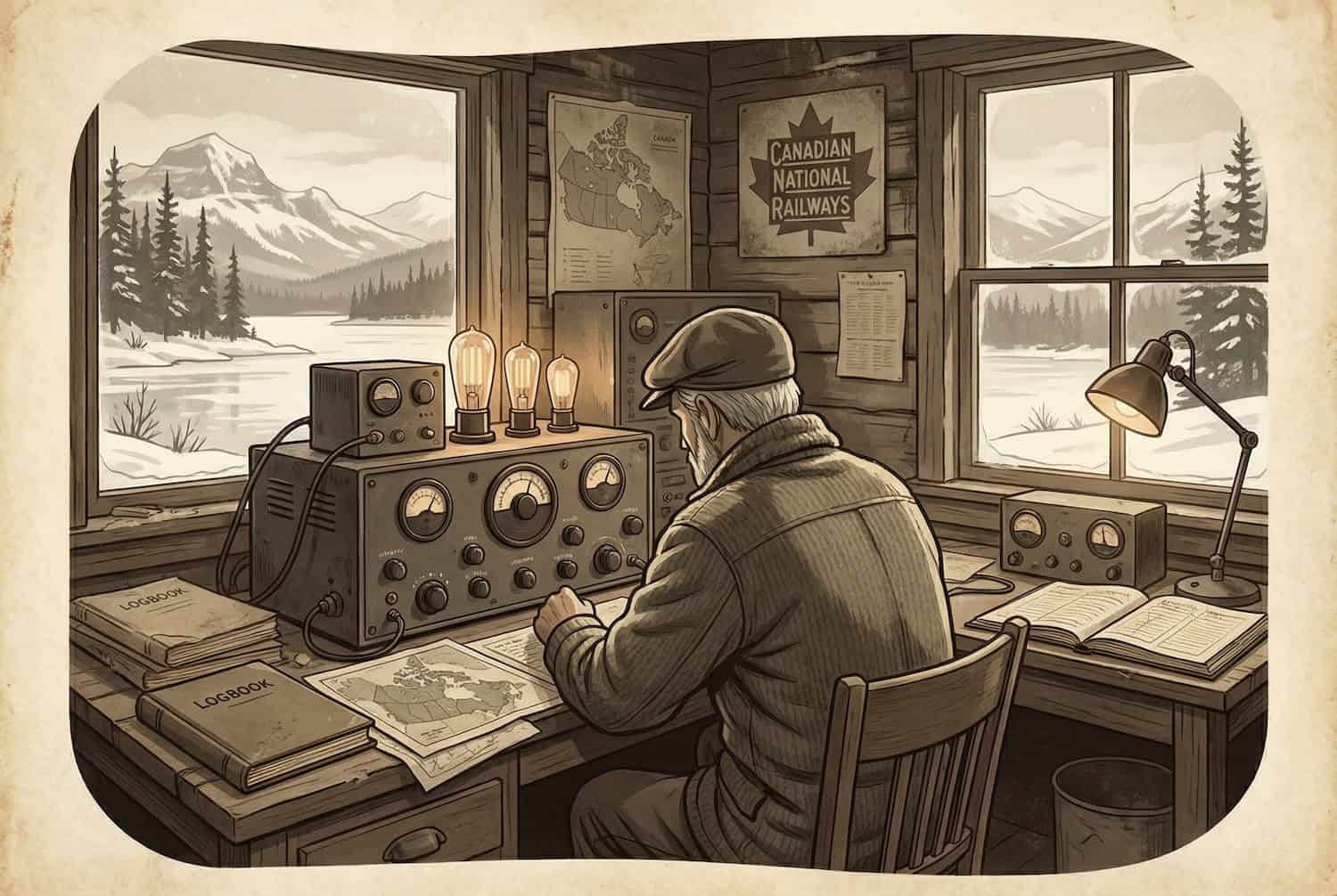 Illustration eines alten schwarz-weiss Fotos auf dem ein Mann an einer alten Funkstation sitzt.