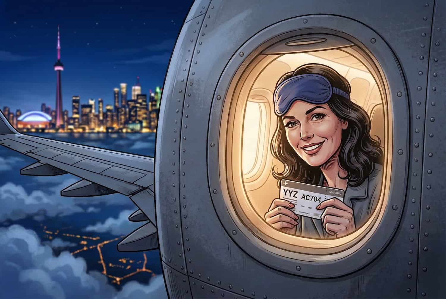 Illustration einer Frau die aus einem Flugzeugfenster schaut.