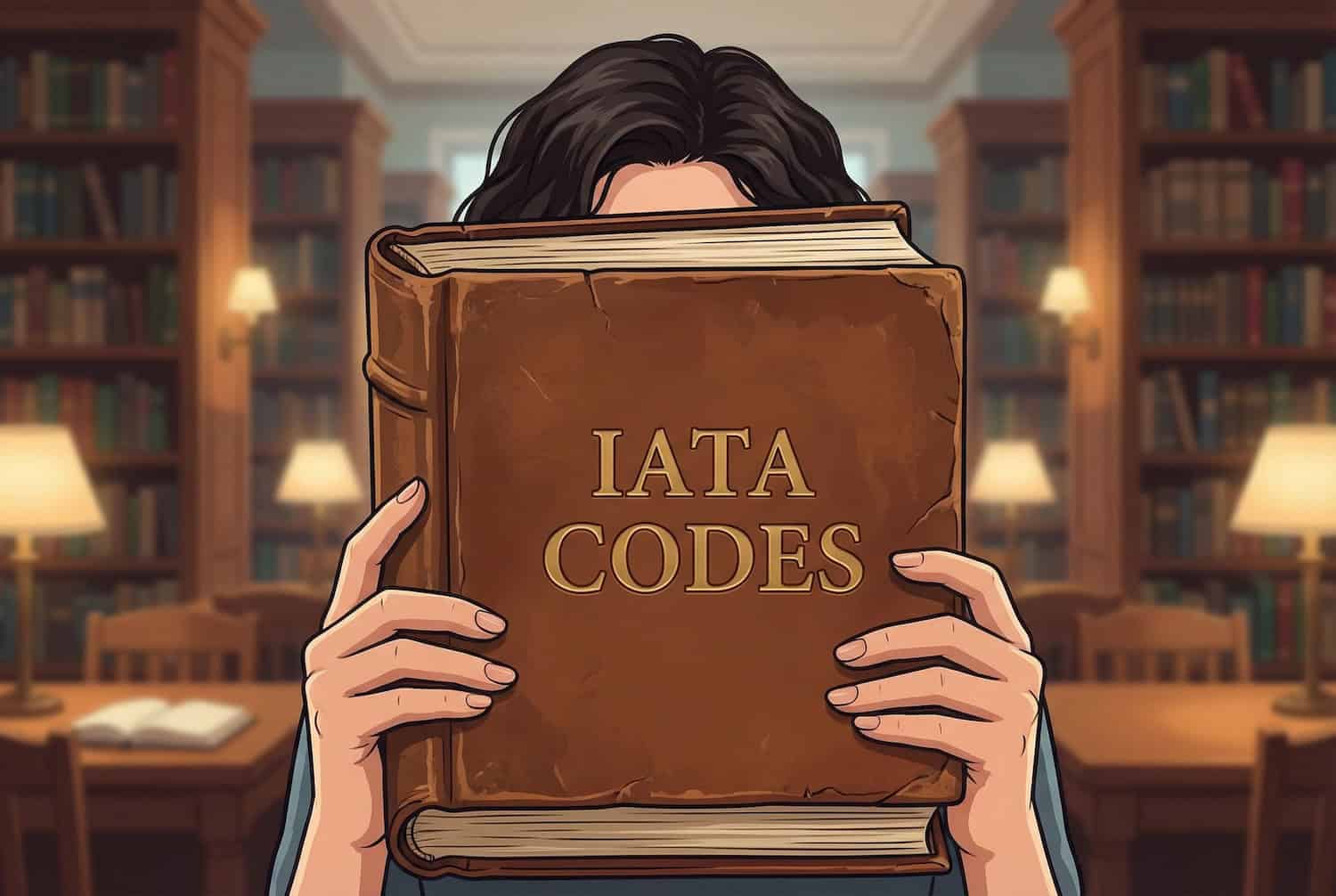 Illustration einer Frau, die ein Buch mit dem Titel "IATA Codes" vor ihr Gesicht hält.
