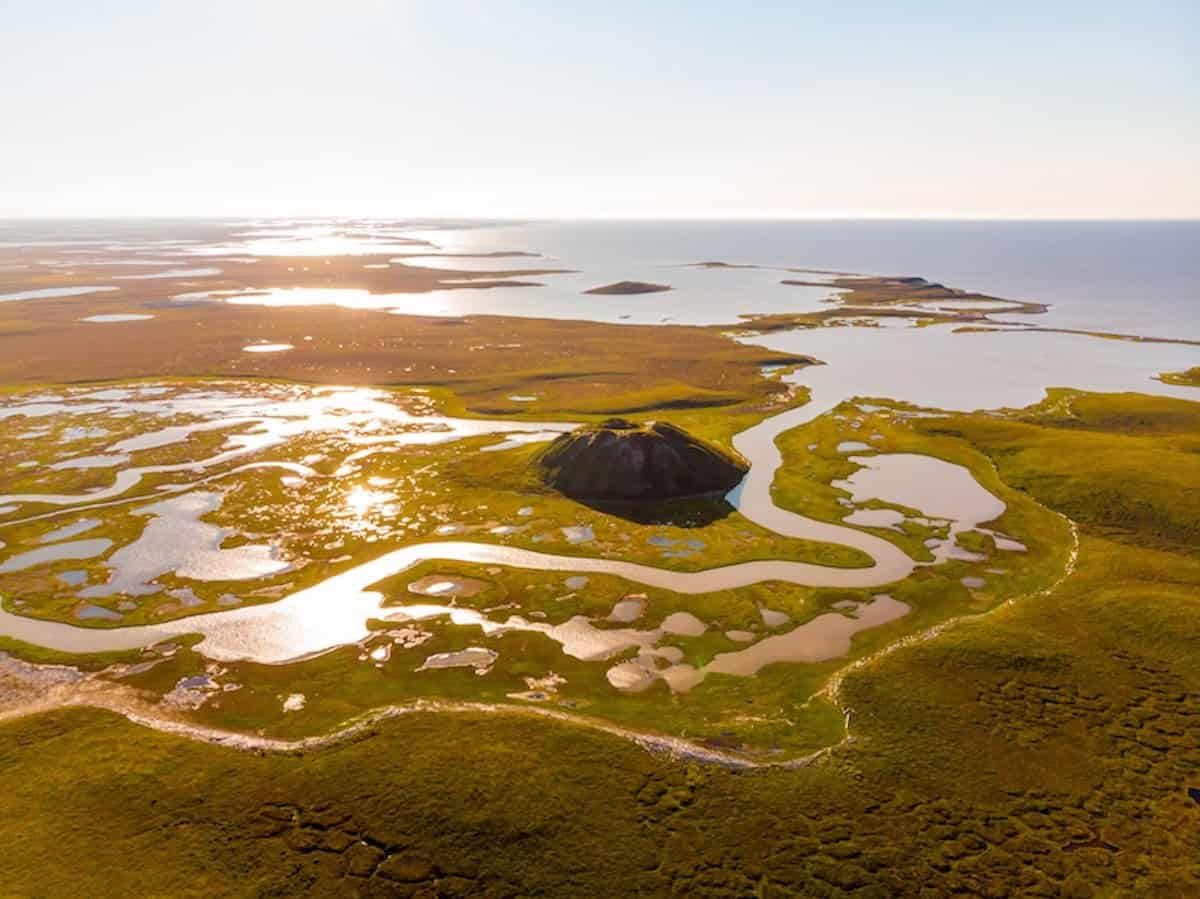 Pingos Hügel in Wasserlandschaft.