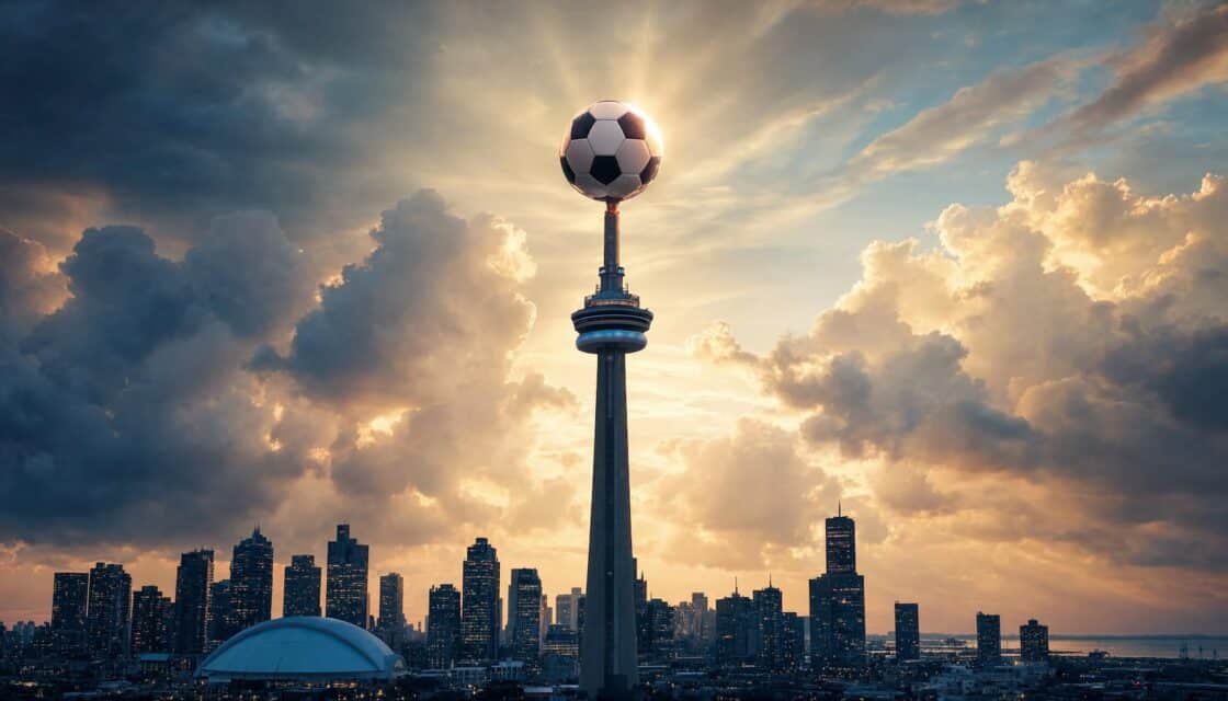 Ein riesiger Fußball befindet sich auf dem CN Tower in Toronto. Dahinter die Skyline von Toronto.