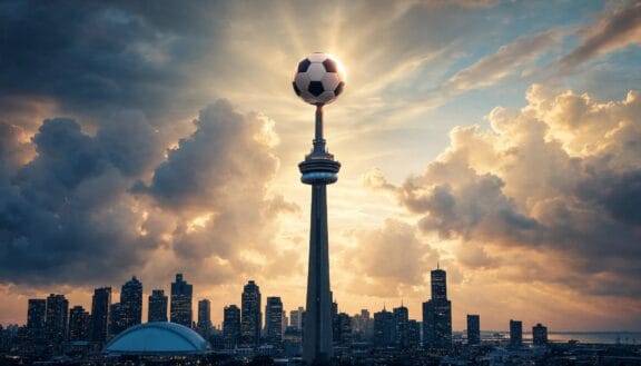 Ein riesiger Fußball befindet sich auf dem CN Tower in Toronto. Dahinter die Skyline von Toronto.