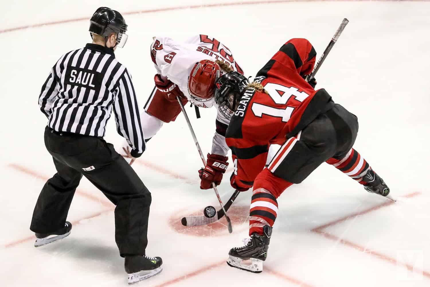 Frauen der Profiliga PWHL spielen Eishockey. Face Off.